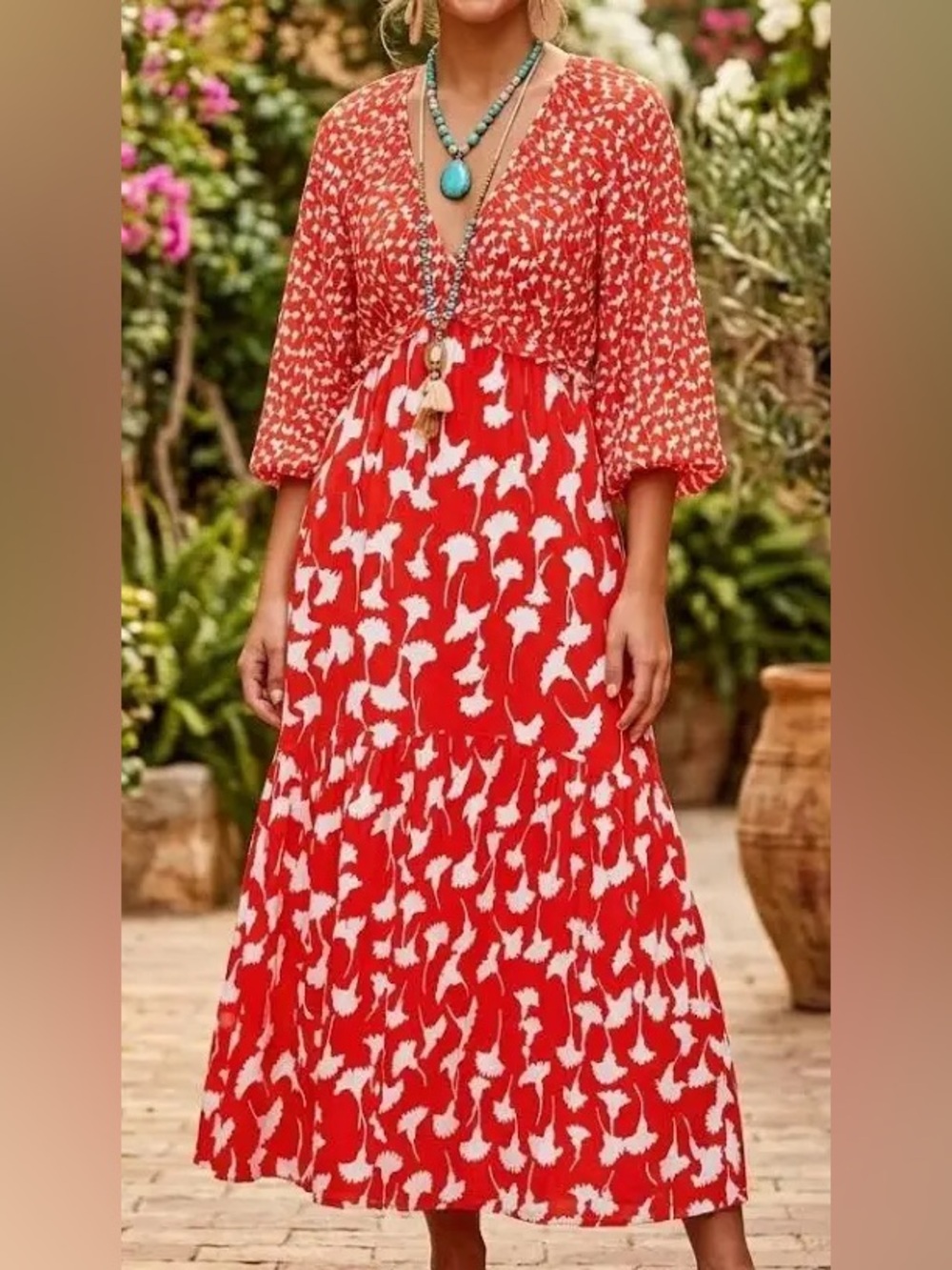 Diane Von Furstenberg Red and White Printed Pleated Maxi Dress